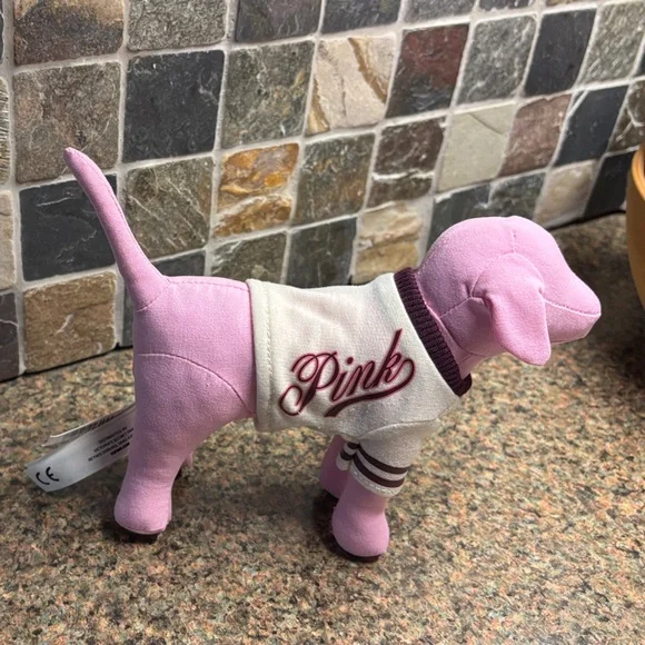 PINK Victoria's Secret Plush Dog with White and Purple Sweater - Picture 1 of 2